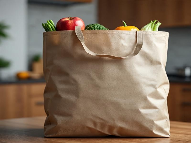 An image of a reusable grocery bag filled with fresh produce, including an apple, broccoli, a yellow bell pepper, and green beans, placed on a wooden kitchen table.