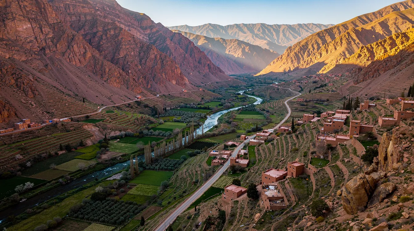A imagem mostra a vista aérea do Vale de Ourika, em Marrocos, com suas montanhas do Alto Atlas ao fundo e o rio Ourika serpenteando pela paisagem exuberante. É uma representação impressionante da natureza marroquina, destacando as cachoeiras e as aldeias que pontuam a região.