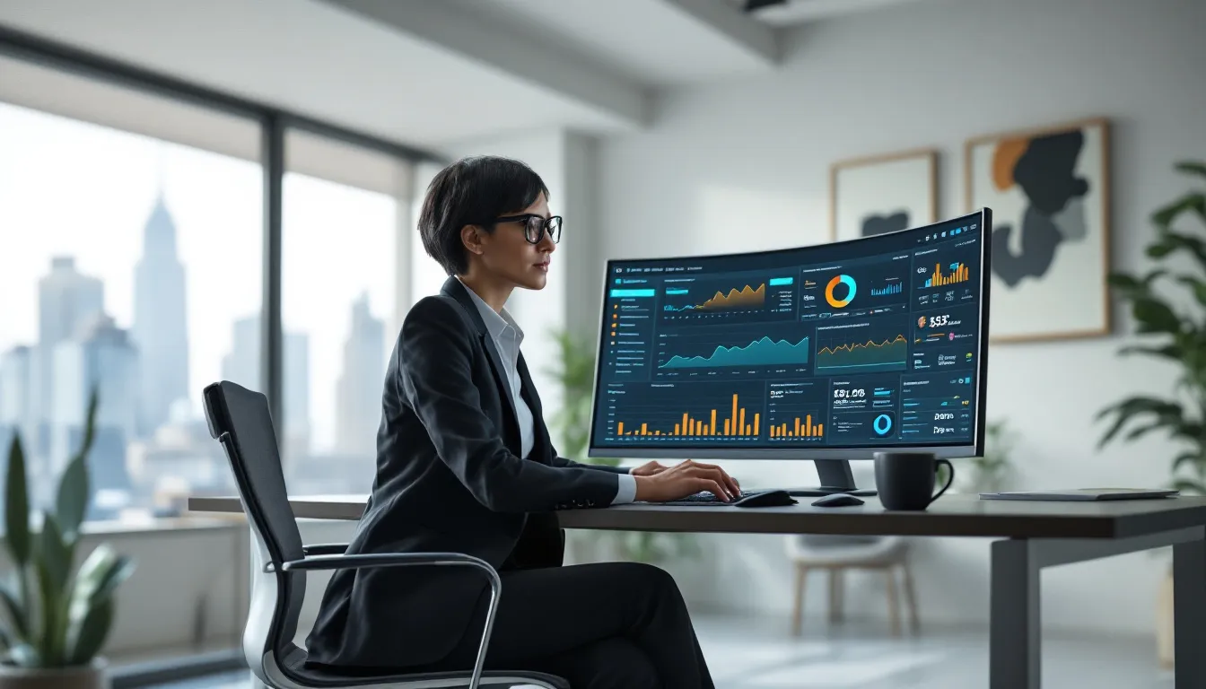 A business leader, likely a chief automation officer, is intently analyzing an automation dashboard filled with data visualizations that track robotic process automation and intelligent automation initiatives. This scene highlights the importance of digital transformation in streamlining business operations and achieving automation goals to remain competitive in the market.