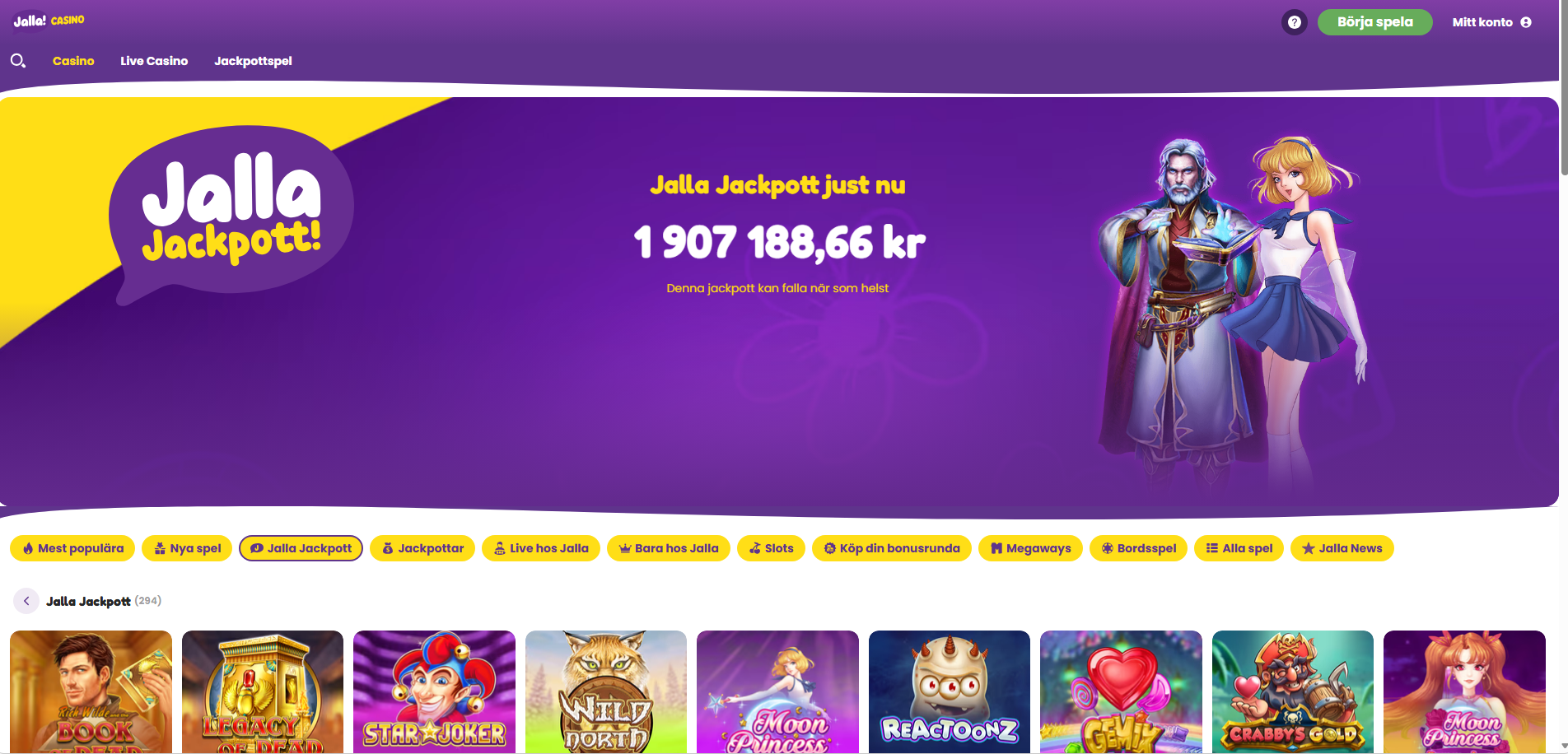 Jalla Casinos Jalla Jackpot-sida med aktuell jackpot och tillhörande spel.