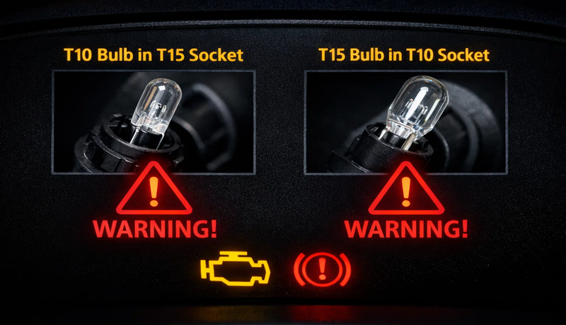 warning symbols showing T10 bulb in T15 socket and T15 in T10 socket