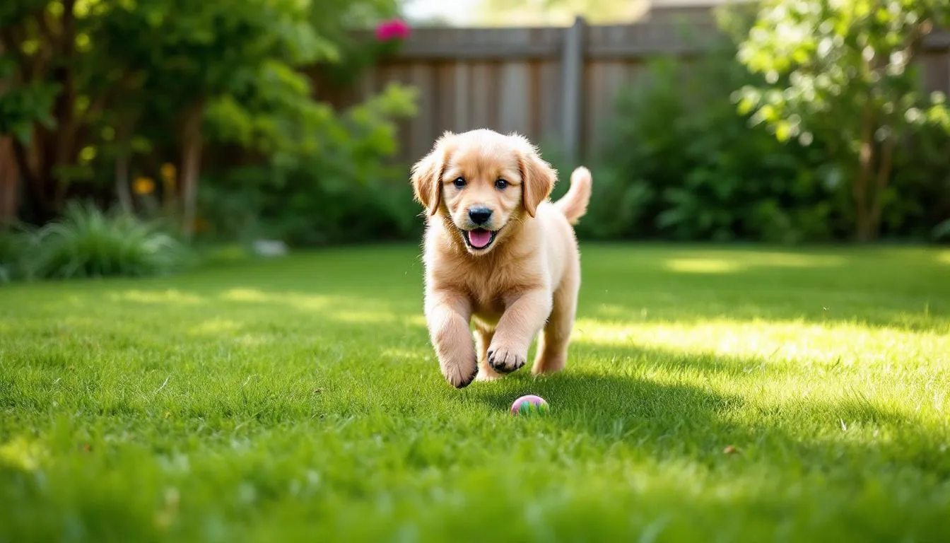 A playful mini golden retriever puppy is frolicking in a sunny yard, showcasing its small yet proportional build and joyful nature. The puppy