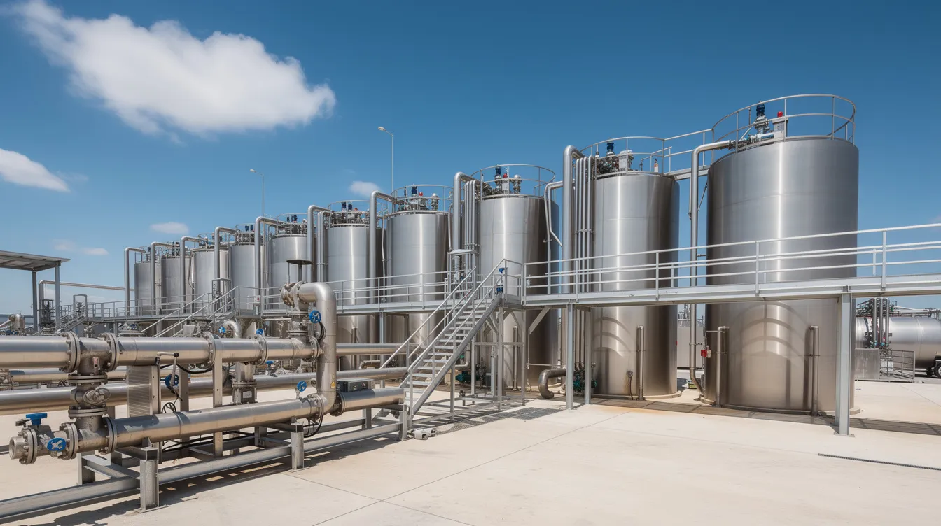 The image depicts an industrial water treatment plant featuring large filtration tanks and extensive piping set against a clear blue sky, emphasizing the facility's role in managing environmental protection and potential mass tort cases related to water contamination. This scene highlights the importance of scientific evidence and complex litigation in addressing issues like toxic water exposure and public health.