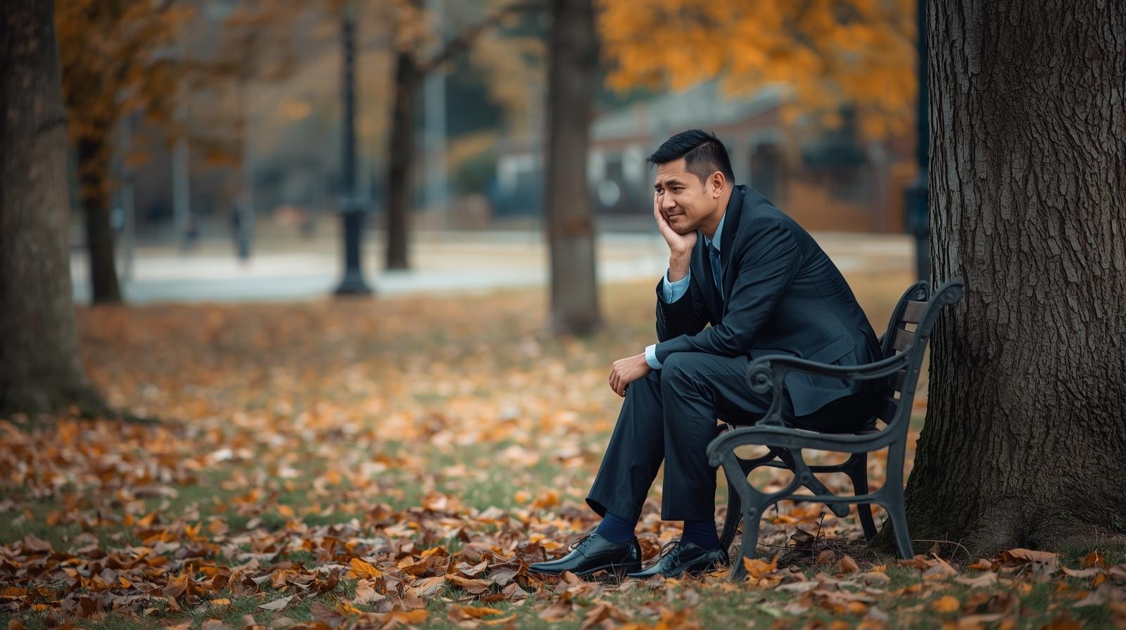 Professional pausing for stress relief during a busy fall workday