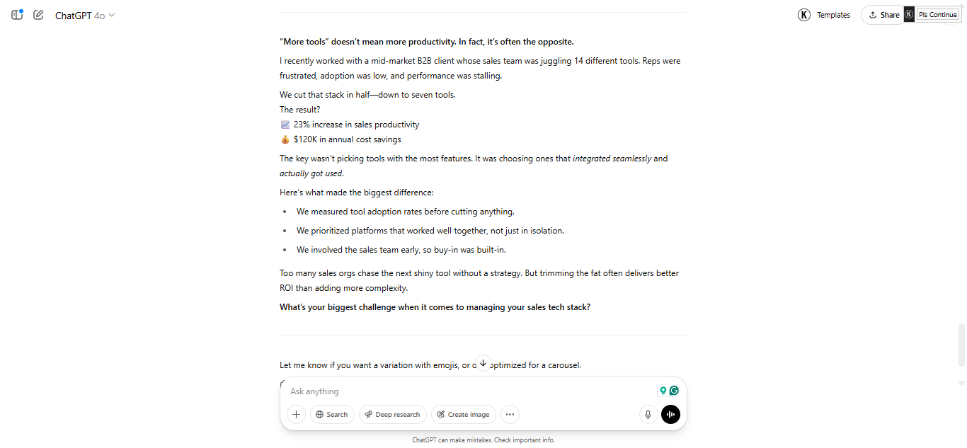 ChatGPT output showing a polished LinkedIn post about sales tech consolidation with clear hook, insights, and call to action