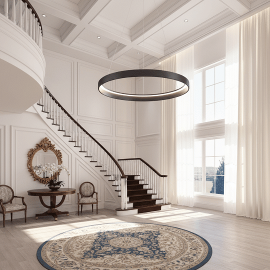 Minimalist black ring chandelier hanging in a tall, bright foyer, showcasing modern foyer chandelier ideas for elegant lighting design.