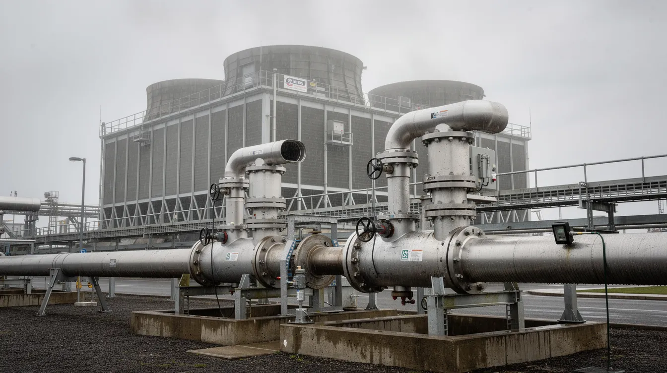 The image depicts a cooling tower blowdown system connected to a cooling tower, showcasing various components such as a blowdown valve and flow meters. This setup is essential for managing the quality of the cooling tower water by controlling the blowdown process to remove dissolved solids and maintain optimal system performance.