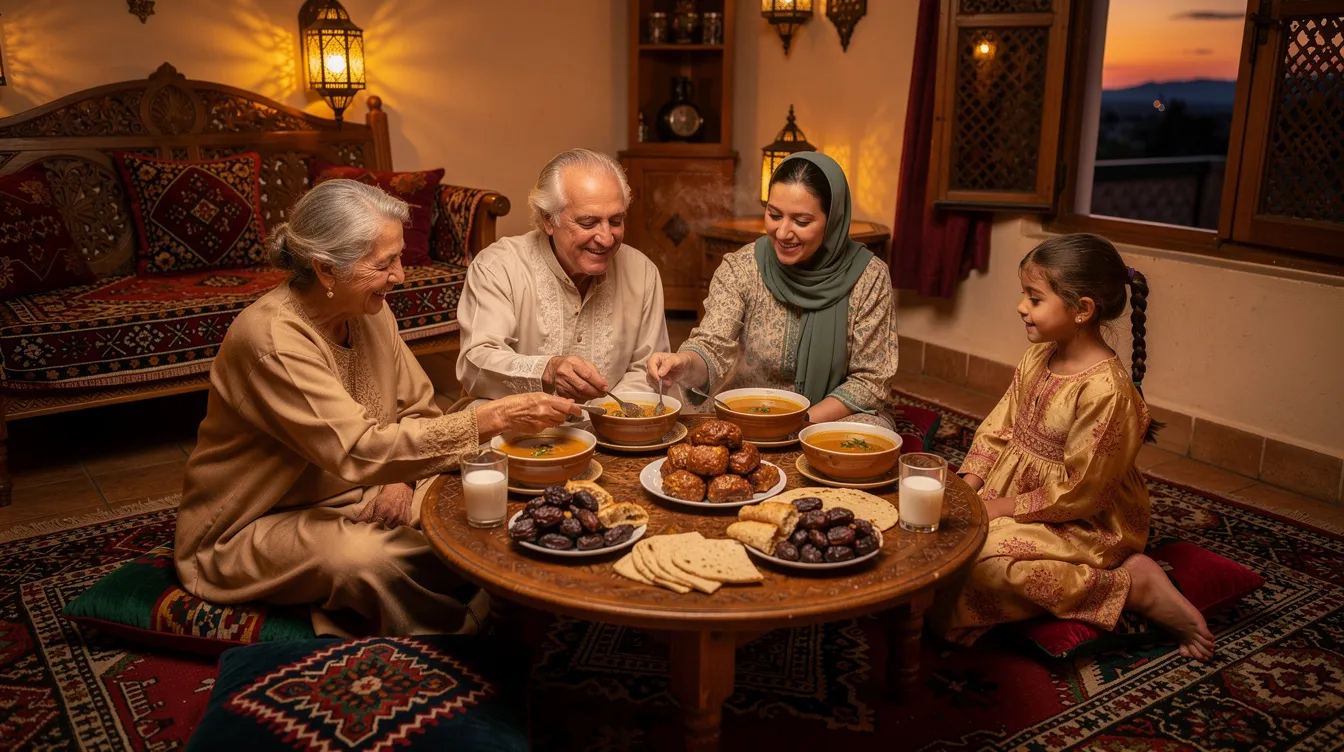 A Moroccan family is gathered around a traditional low table for iftar, sharing a meal that includes harira soup and dates, reflecting the rich Moroccan culture and the importance of communal meals during Ramadan in this Muslim majority country. The scene captures the essence of Moroccan life and the warmth of family gatherings during the holy month.