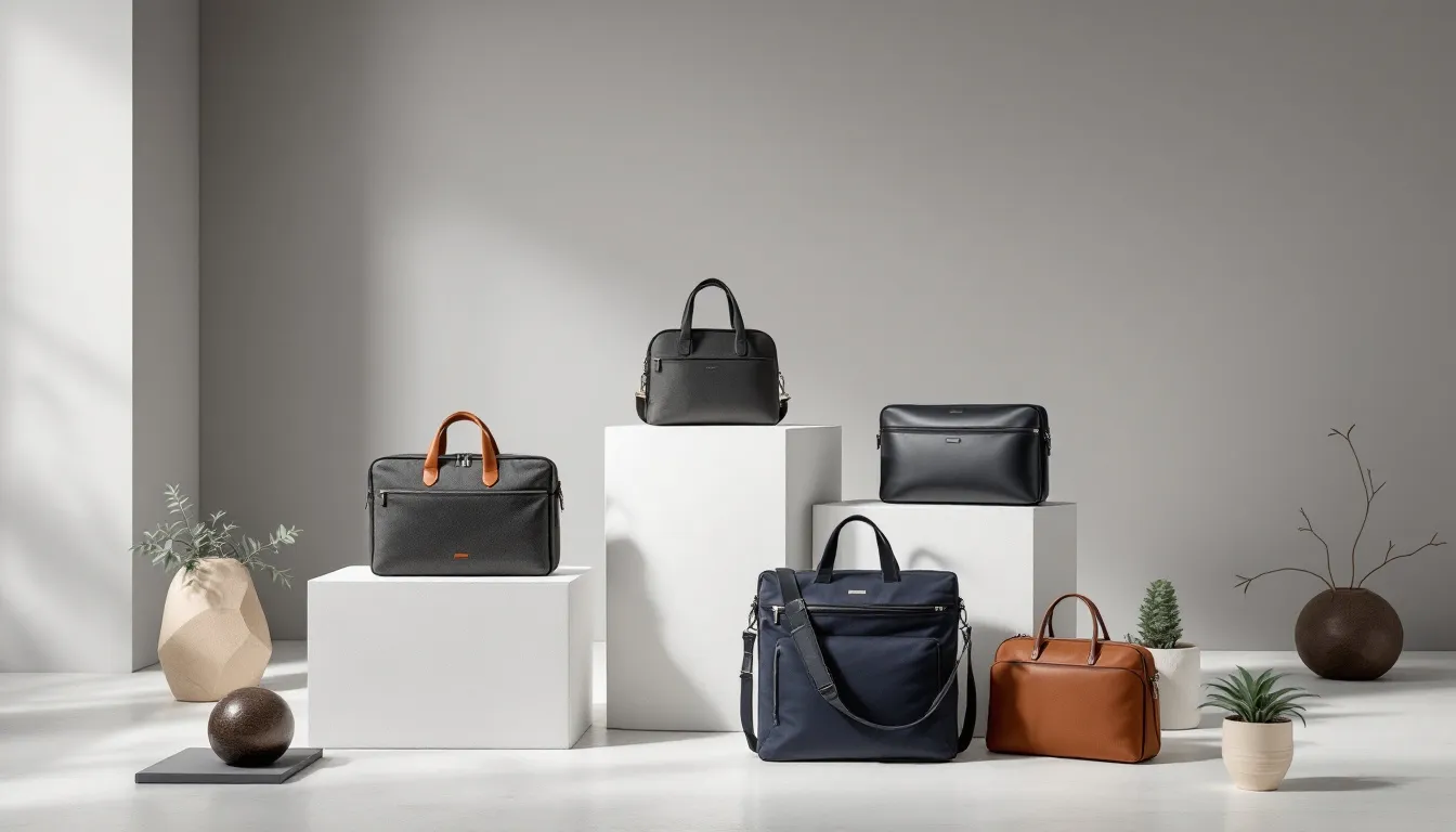 A collection of stylish conference bags displayed at a business event.