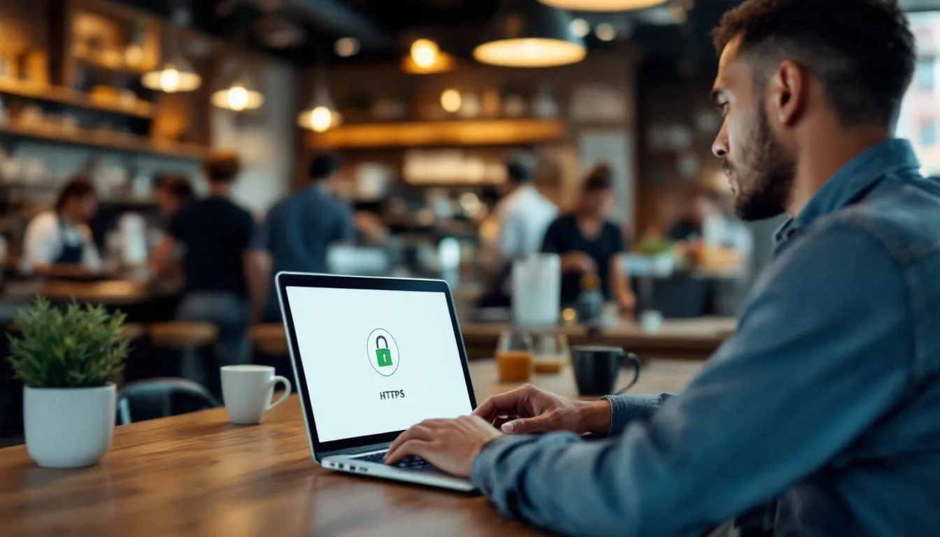 In a bustling coffee shop, a person is streaming content on their laptop, surrounded by the sounds of chatter and coffee machines. Icons indicating a secure connection and VPN usage suggest they are using a virtual private network to safely access various streaming services while ensuring their online activity remains private.