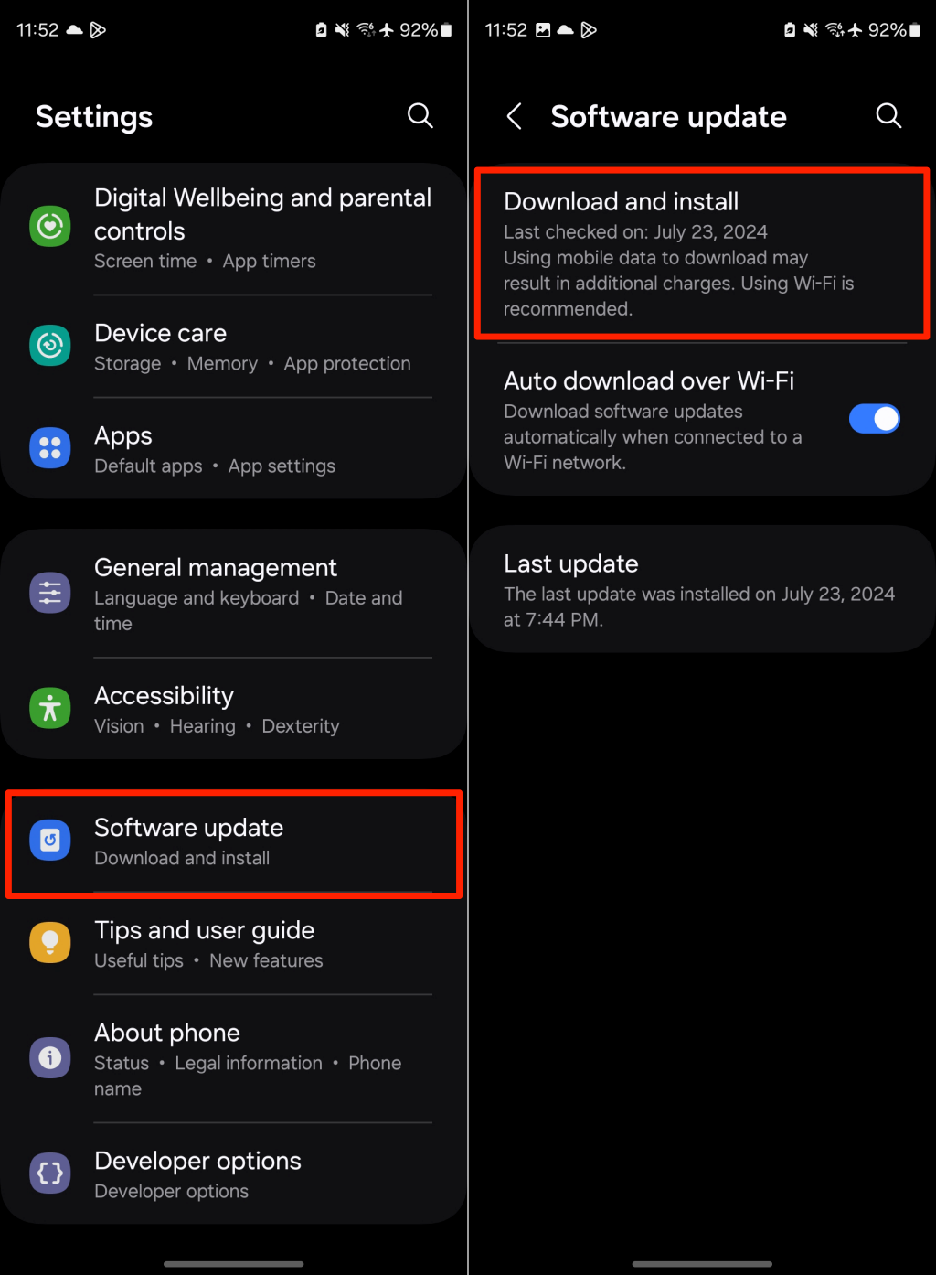 Steps to update a Samsung phone's software