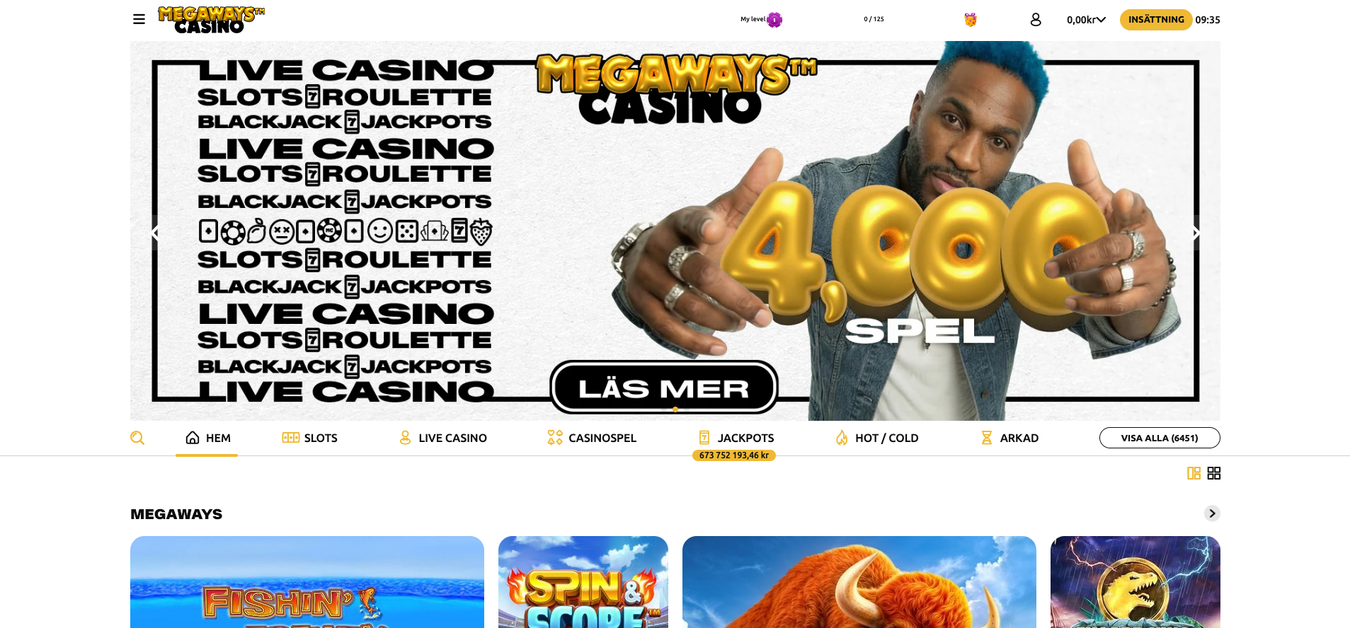 Megaways Casino startsida med kampanjbanner, spelkategorier och navigering till slots, live casino och jackpottar.