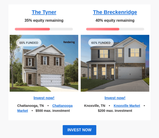 Two images of houses. Above each image, a bar representing the amount of equity left to invest in each home.