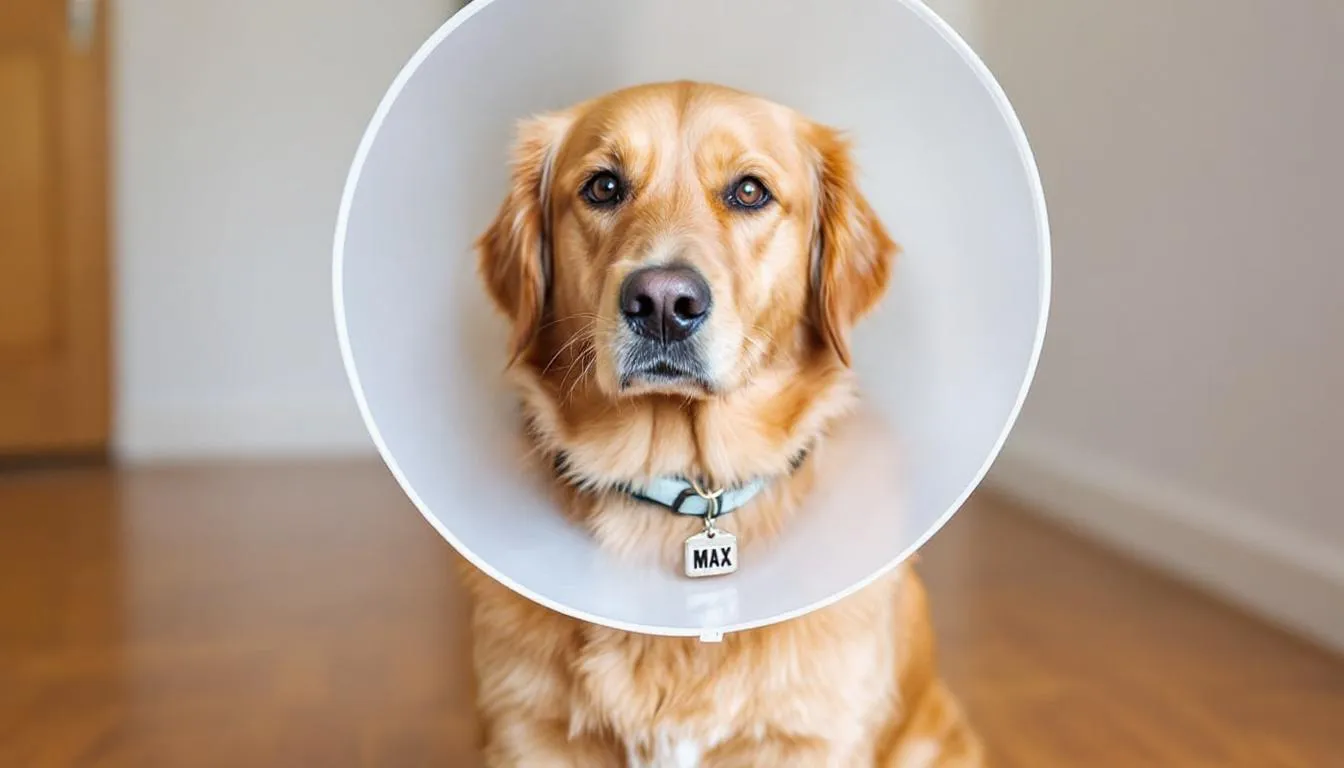 A small dog is wearing a secure plastic cone, also known as an Elizabethan collar, which is properly attached to its neck with a collar. The cone is designed to prevent licking and chewing on a leg wound, ensuring the pet