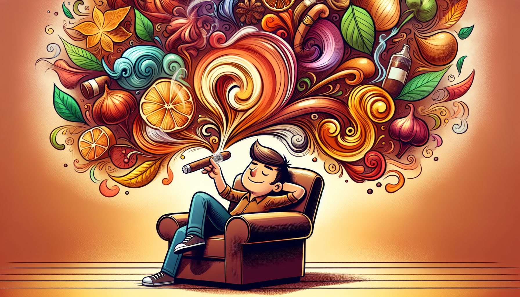 A colorful illustration of a cigar being enjoyed, with hints of spice and flavor in the air.