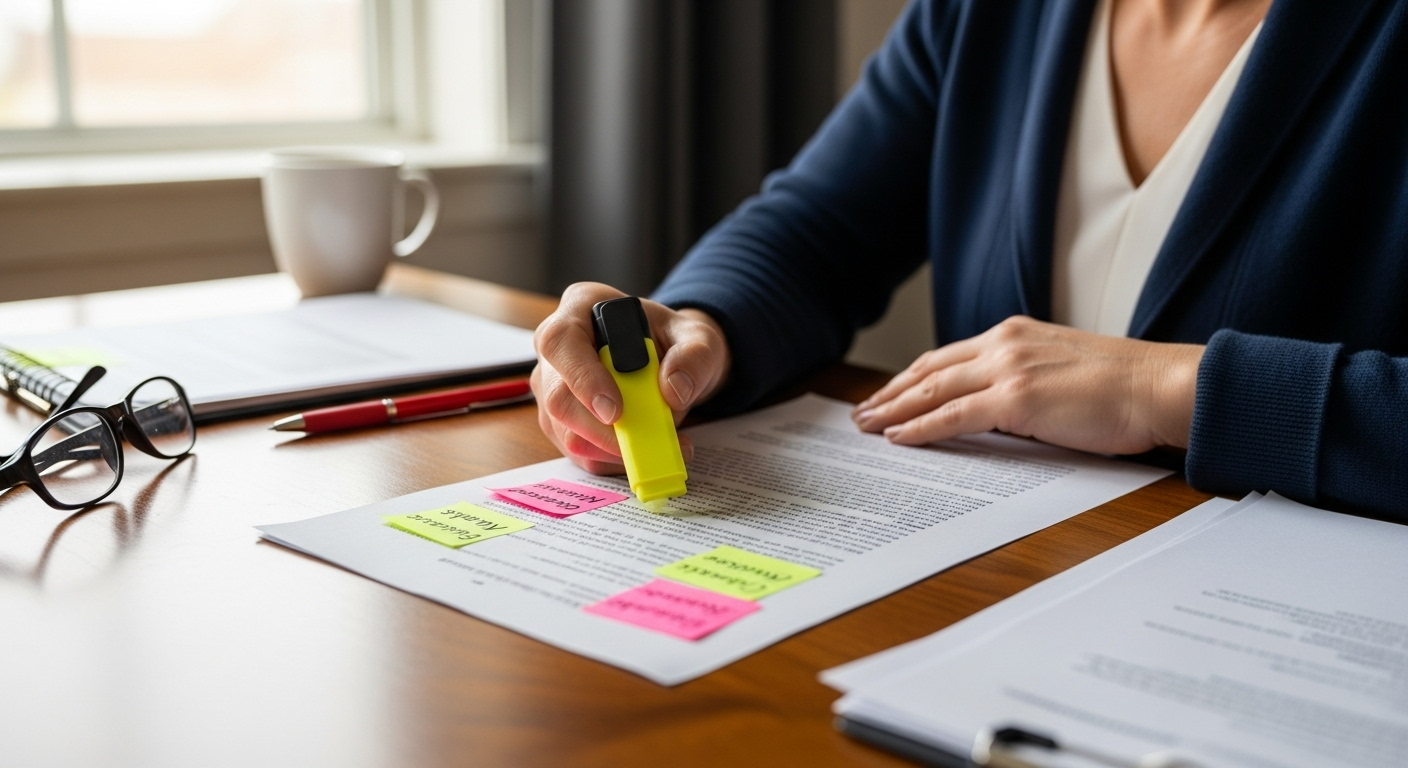 Teacher highlighting exact paragraphs and adding actionable feedback notes on a student essay