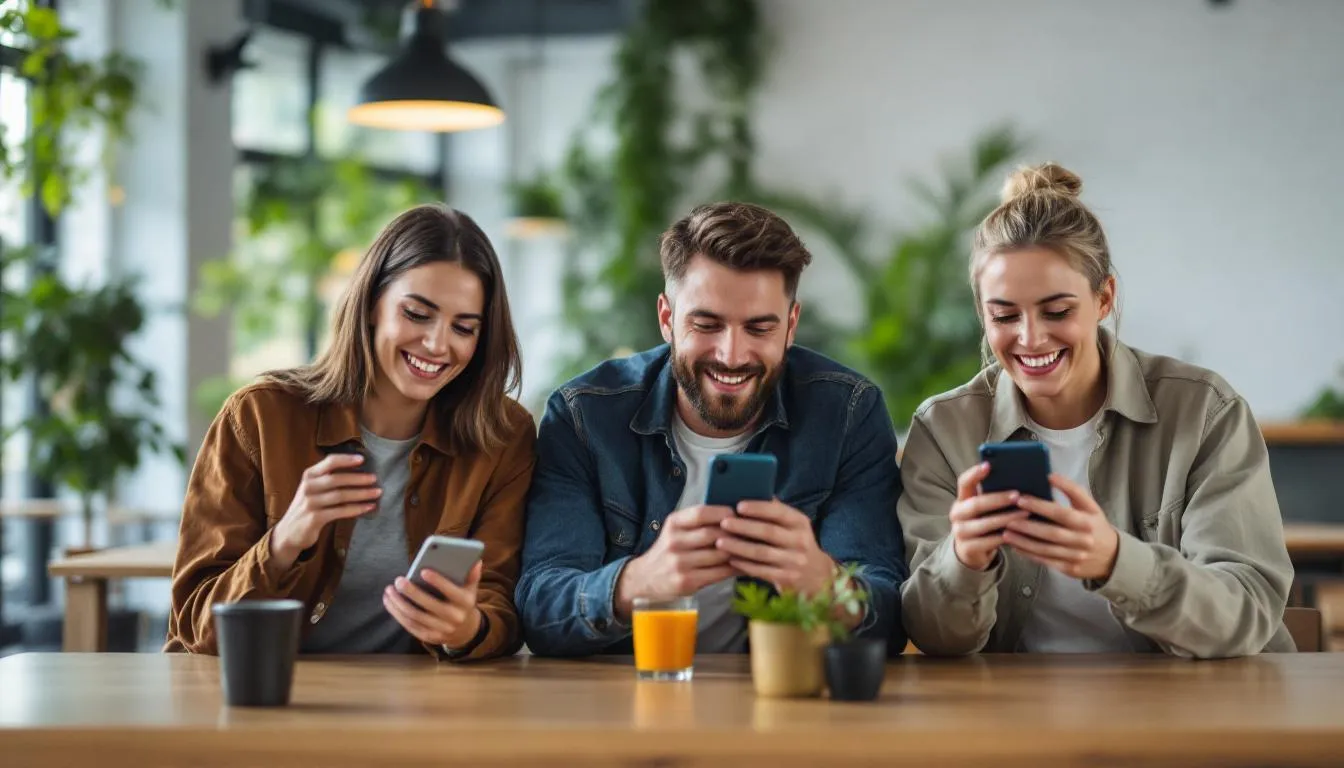 A diverse group of individuals is gathered, enthusiastically creating content for social media marketing campaigns using their smartphones. They are engaged in creative pursuits that aim to enhance social media engagement and strengthen brand identity.