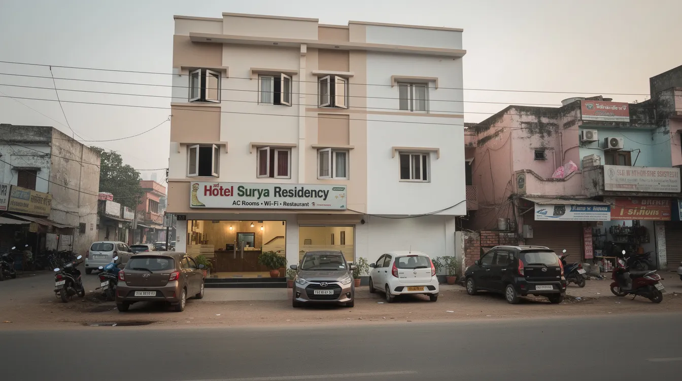 The image depicts a small budget hotel building featuring a clean facade in an Indian Tier-II city, complete with signage and a few parked cars outside. This setting reflects the hospitality industry, showcasing a modest hotel project that caters to local tourism needs.