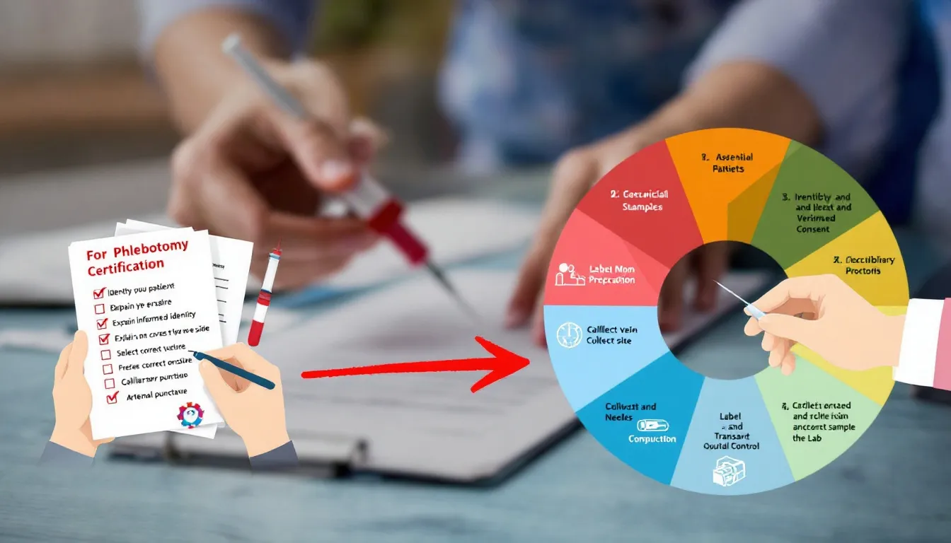 An overview of phlebotomy certification exams with a blurred image of a certification document in the background.