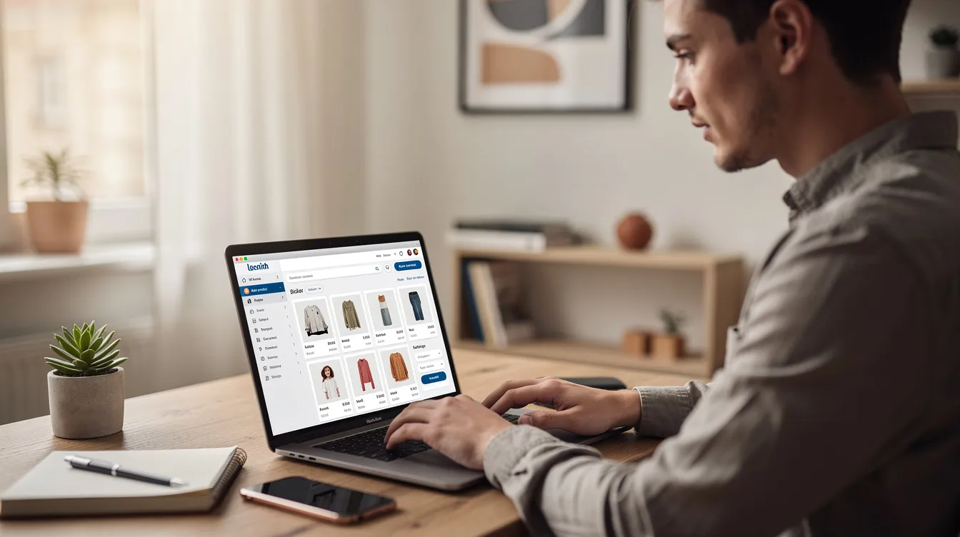 A person is sitting at a desk in a home office, focused on setting up an online store on their laptop. The workspace is organized with various office supplies, and the screen displays an ecommerce hosting platform, highlighting features like payment processing and website builder tools essential for launching an ecommerce site.