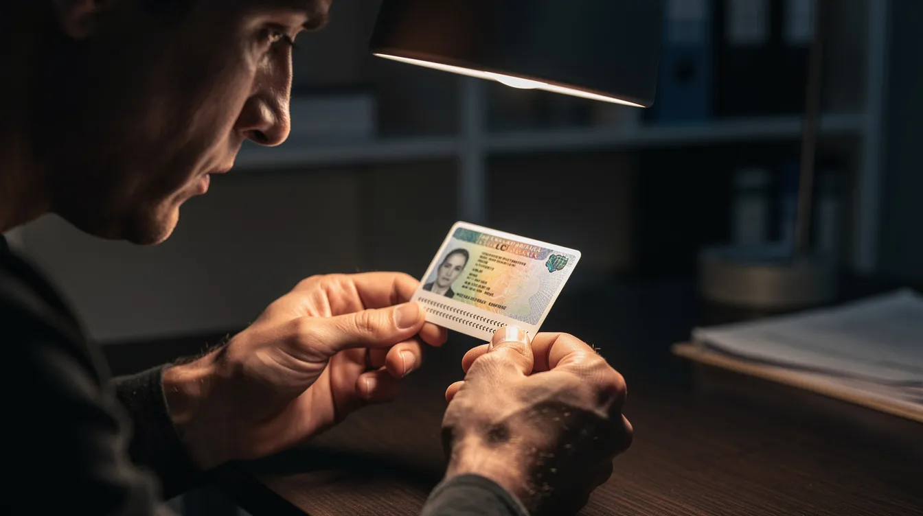 The image shows a person intently examining an official identity card under a desk lamp, highlighting the importance of verification in government processes. This scene reflects the meticulous nature of public service roles within the 香港特別行政區政府.
