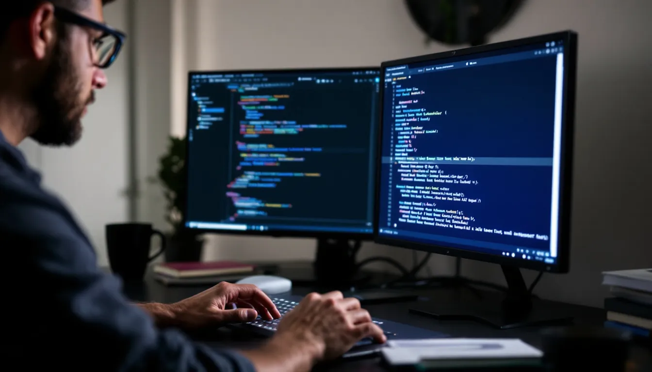 A web developer is seen working in an HTML editor interface, focusing on adding alt text attributes to images to enhance the website's SEO performance. This effort aims to improve search engine rankings and optimize the site for better visibility and accessibility for users.