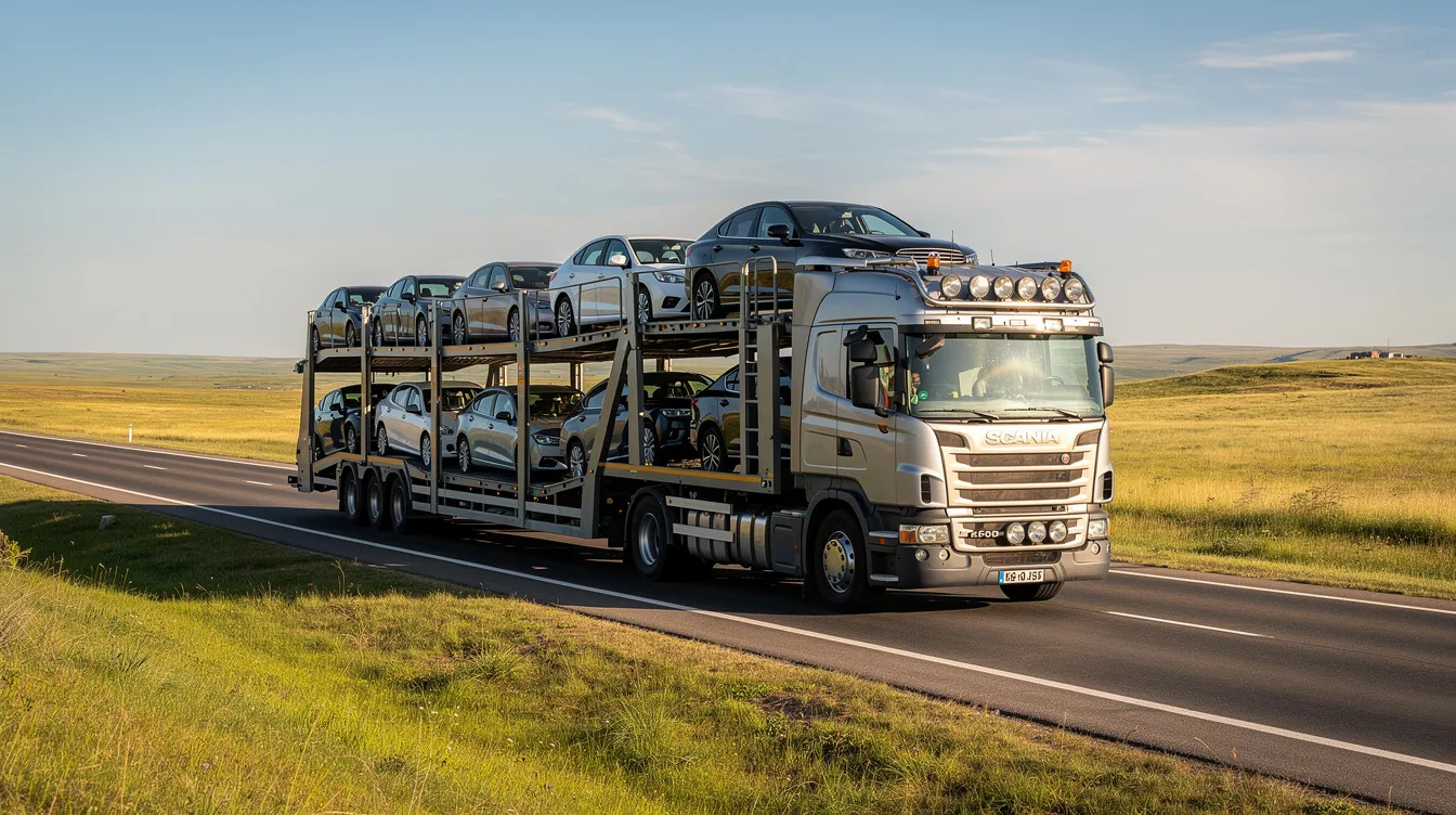 A large car carrier truck is driving along a flat highway, surrounded by expansive grassland typical of South Dakota. This scene highlights the vehicle transport industry, specifically auto transport services that facilitate car shipping across open landscapes.