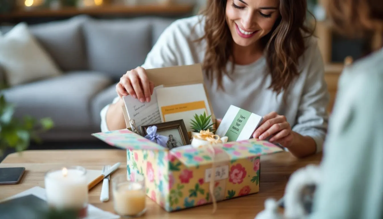 A person is carefully packing an assortment of personalized items into a beautifully decorated care package box, perfect for spreading holiday cheer. This thoughtful gift is ideal for college students or loved ones during the holiday season, filled with delicious treats and savory snacks.