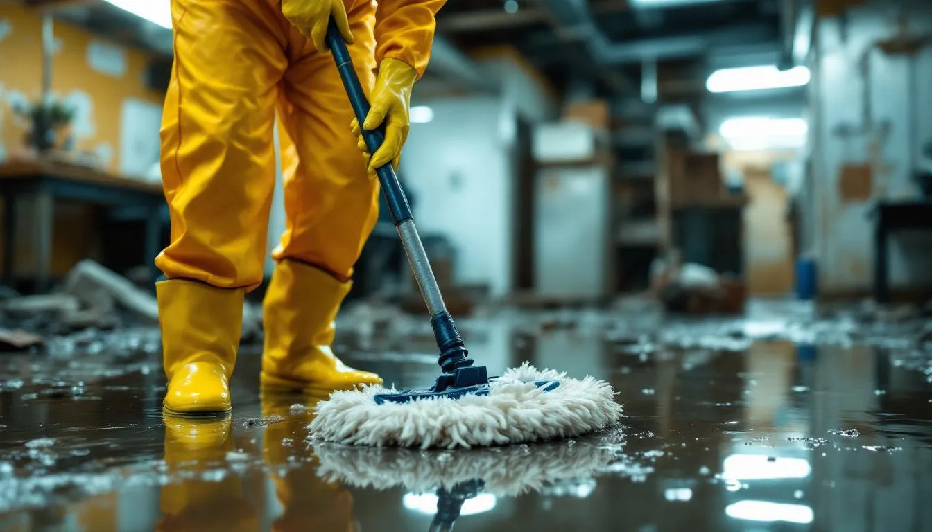 In The Image, A Person Is Wearing Protective Clothing, Including Rubber Gloves And Waterproof Boots, While Cleaning A Flood-Damaged Area Filled With Debris And Standing Water. They Are Using A Moisture Meter To Assess The Affected Surfaces, Emphasizing The Need For Extreme Caution To Prevent Mold Growth And Exposure To Hazardous Materials.