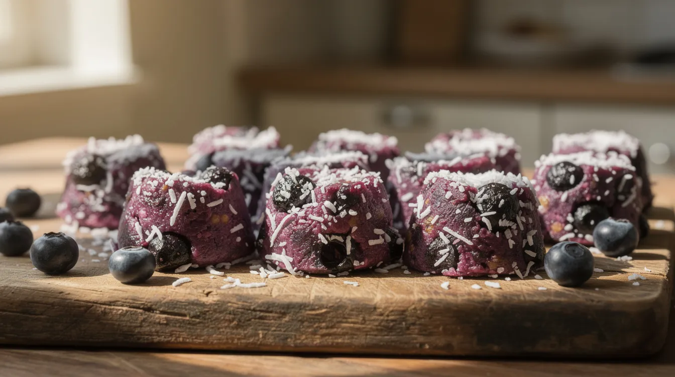 Colorful raw blueberry coconut dog treats are beautifully arranged on a wooden cutting board, with fresh blueberries scattered around, creating an inviting scene for furry friends. These homemade cbd dog treats showcase vibrant colors and a healthy ingredient profile, perfect for pampering pets.