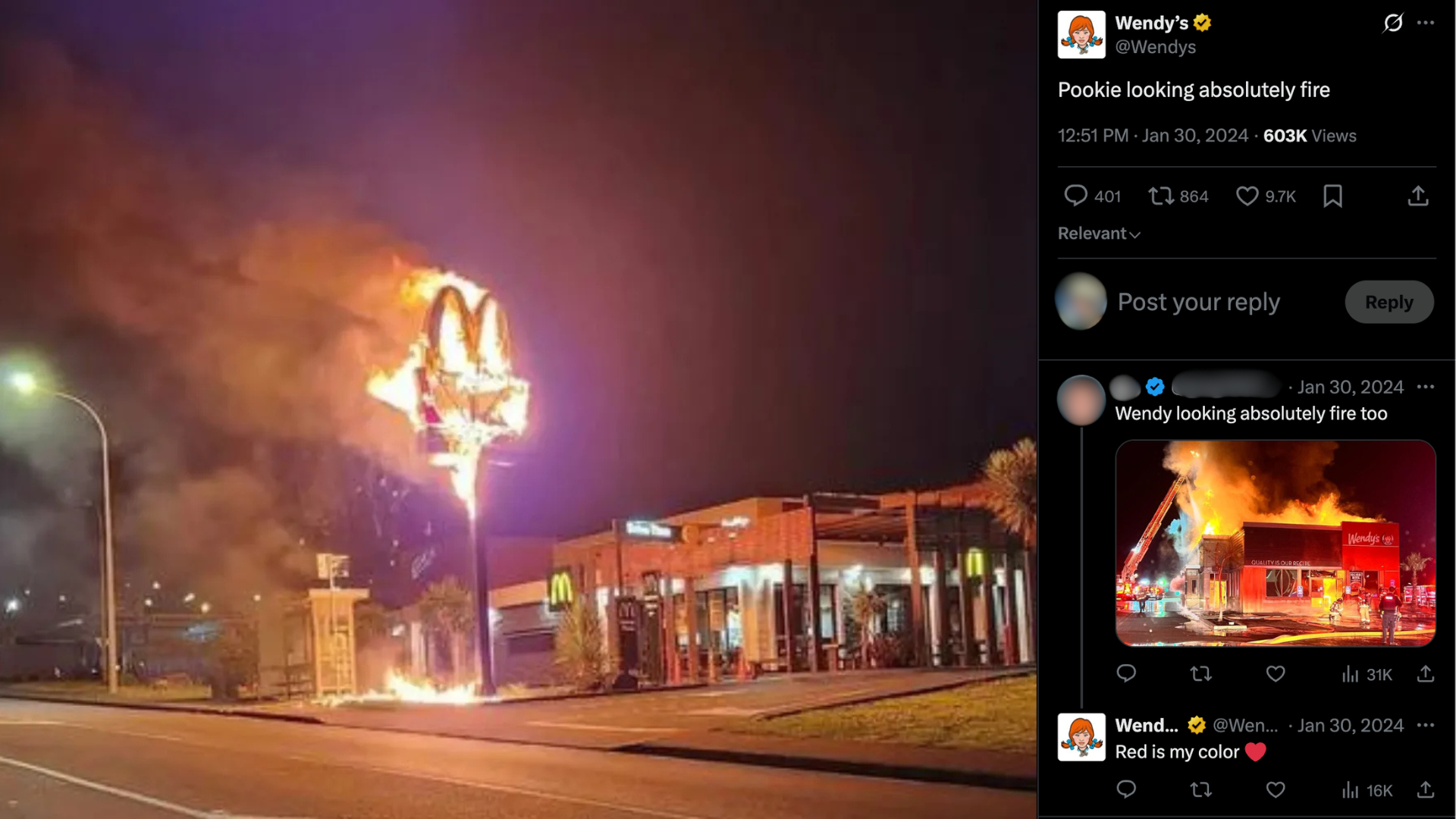 Wendy's retweet: "Pookie looking absolutely fire" , McDonald's arch on fire