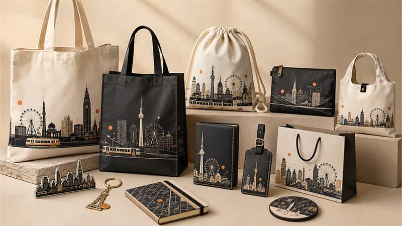 City-themed tote bags and travel accessories, including drawstring bags, pouches, passport holders, luggage tags, and gift bags
