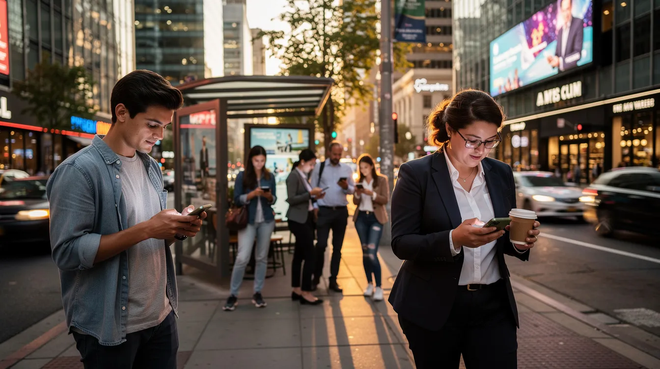 In a bustling urban environment, people are engrossed in their smartphones, likely engaging with various apps, including dating platforms. The scene reflects the modern reliance on technology, showcasing how mobile app development, particularly for dating apps, has become integral to user engagement in today's competitive market.
