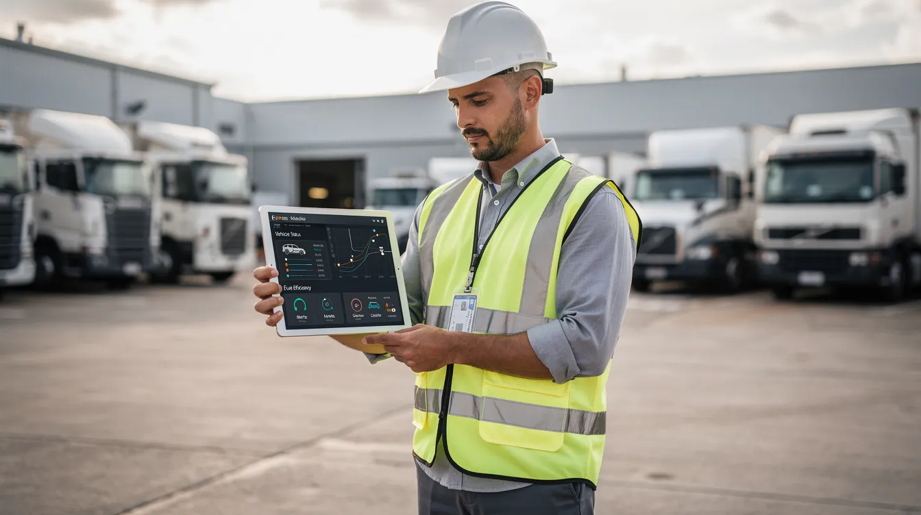 Fleet Telematics Services:: A fleet manager stands in a truck yard, intently reviewing a telematics dashboard on a tablet, which displays real-time data on vehicle diagnostics, fuel usage, and driver performance. 