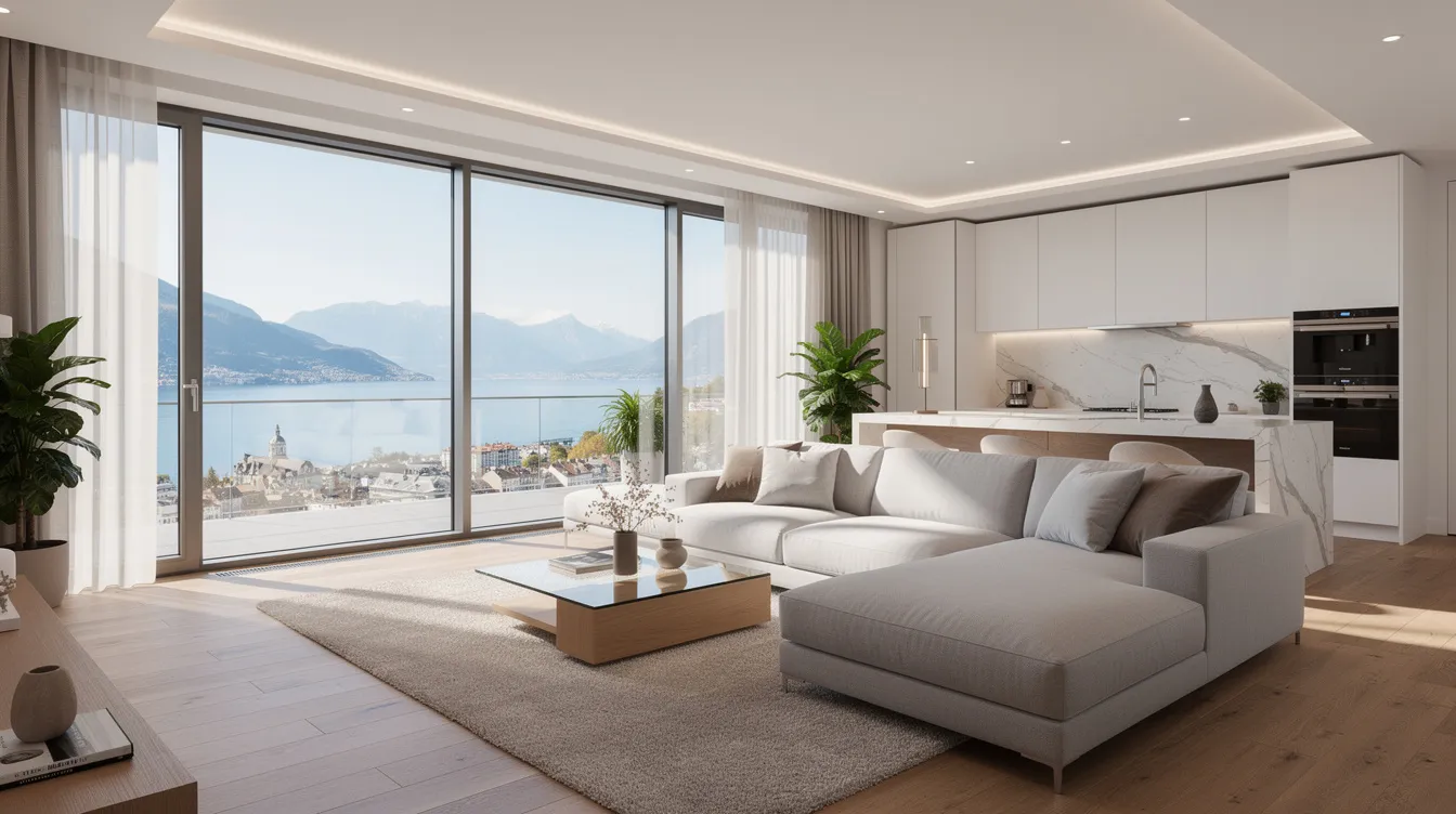 L'image montre l'intérieur moderne et lumineux d'un appartement de luxe, offrant une vue panoramique sur Genève. Cet espace élégant met en valeur des matériaux contemporains et une décoration raffinée, reflétant les tendances du marché immobilier suisse.