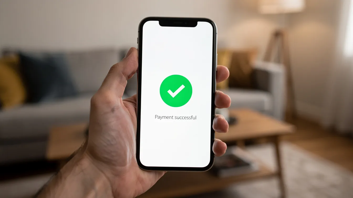 A hand is holding a phone that displays a green checkmark confirmation screen, indicating a successful transaction, with a softly blurred living room in the background. This image represents the convenience of using an airtel money wallet to pay school fees instantly and manage financial transactions securely.
