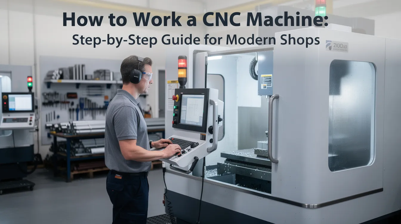 The image depicts a step-by-step guide on how to work a CNC machine, showcasing various CNC machine tools like CNC mills and lathes in a modern shop setting. It highlights the importance of computer numerical control and computer-aided manufacturing processes, illustrating the setup, operation, and use of CAD and CAM software for creating precise toolpaths and machining complex parts.
