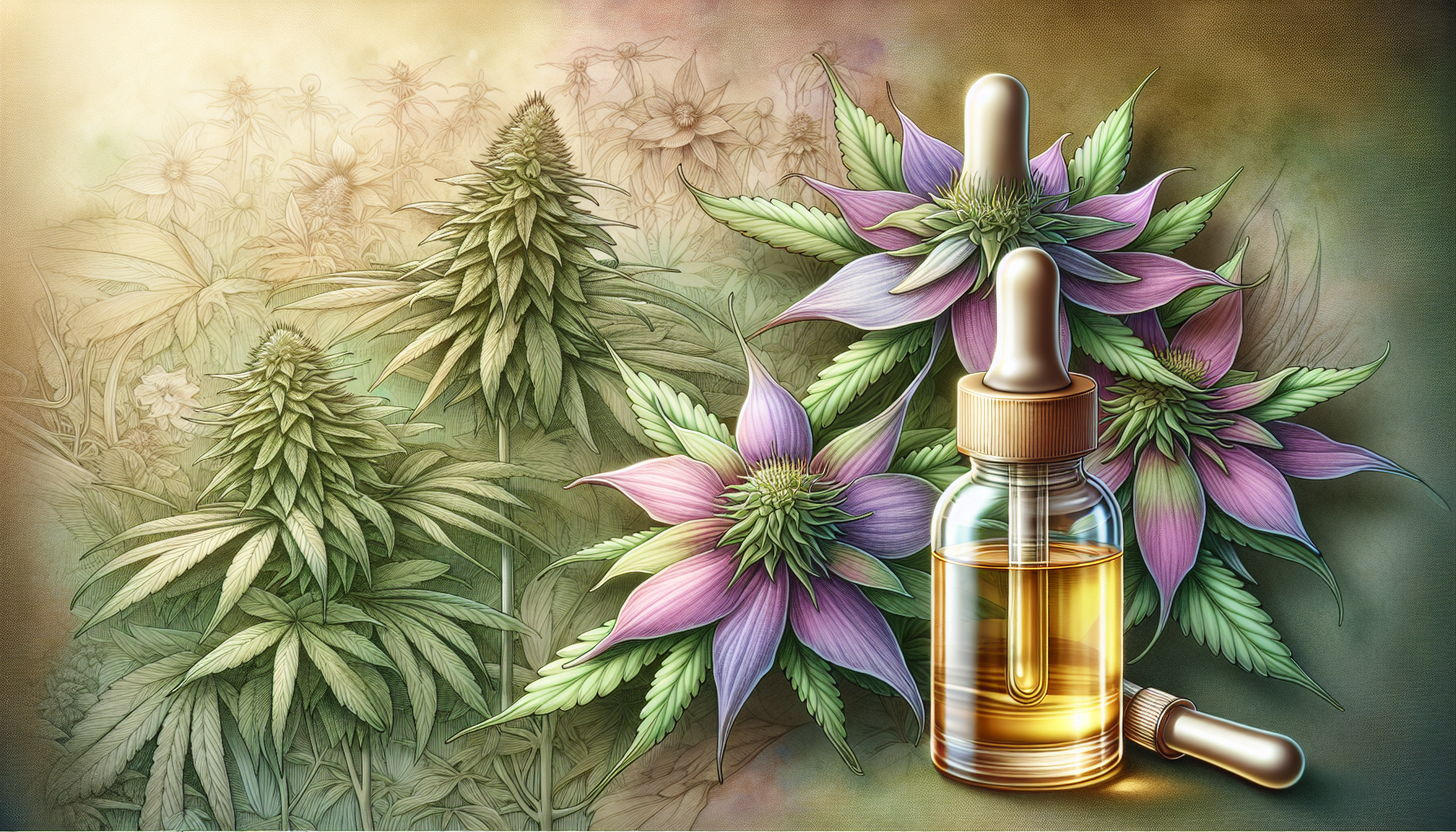 An illustration of CBN flowers and oil depicting the properties of CBN.