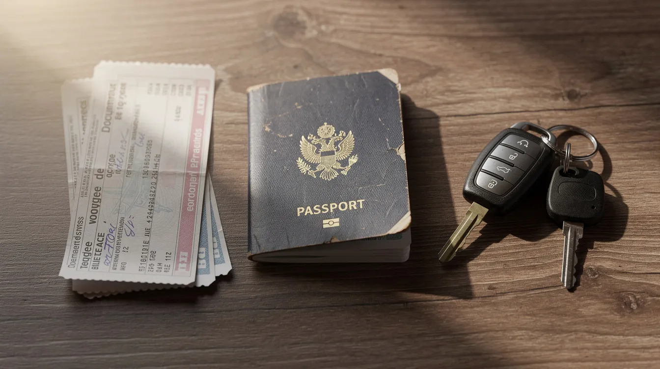 Sur une table, des documents de voyage, un passeport et des clés de voiture sont disposés, évoquant une prochaine aventure en voiture de location à travers l'Europe. Ces éléments symbolisent la préparation pour un road trip, avec des destinations potentielles comme la France, l'Italie ou même Saint-Marin.