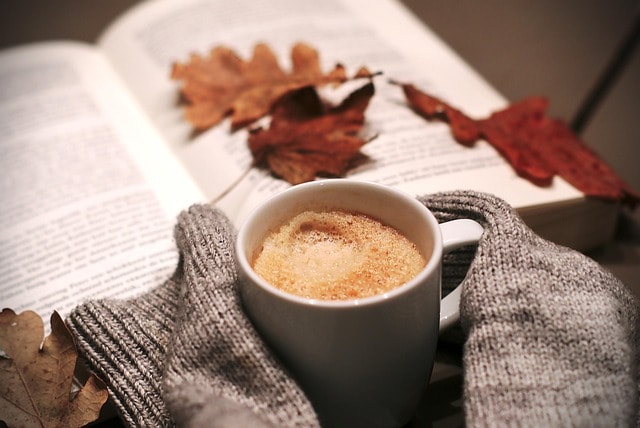 drink, coffee, food, leaves, autumn, book, coffee cup, sweater, mug, nature, relaxation, cozy