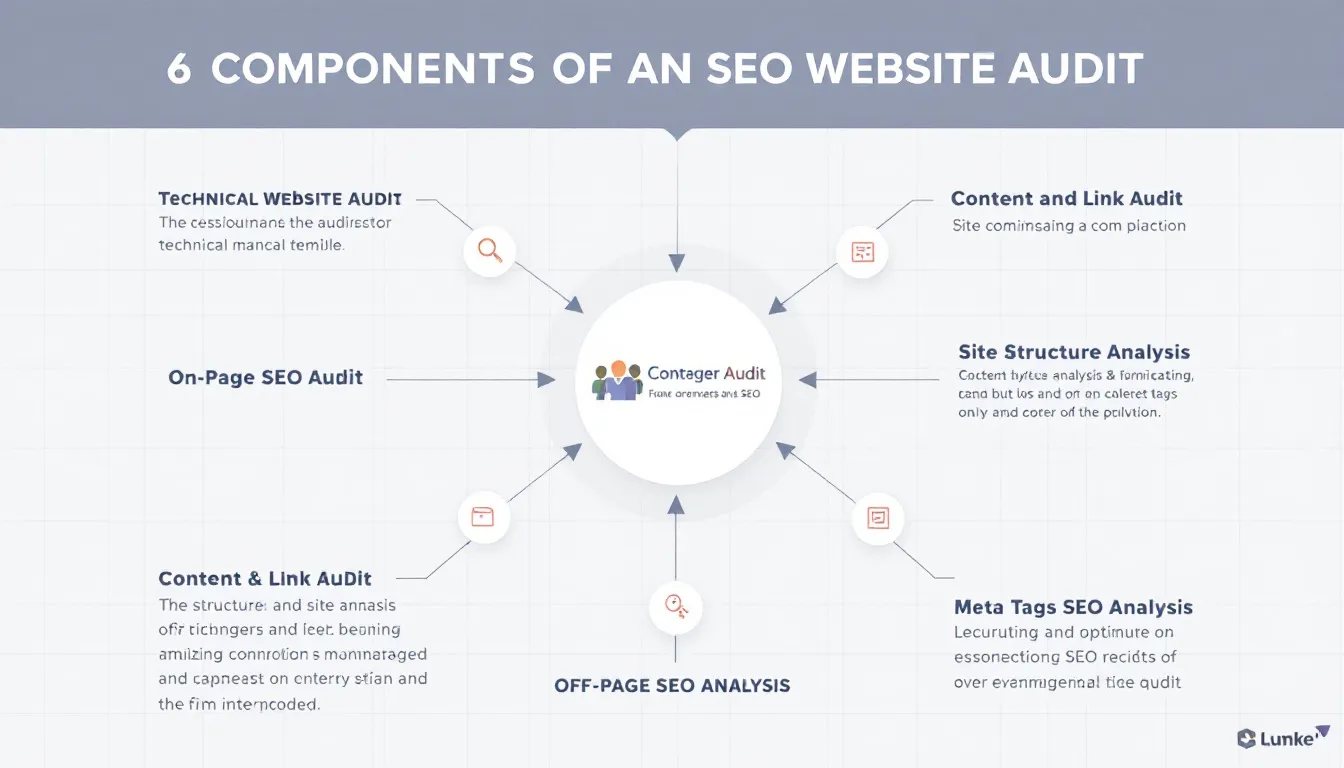 The image illustrates the key components of an SEO website audit, including elements such as technical website audits, on-page SEO audits, and content audits, highlighting the importance of site structure, meta tags, and off-page SEO analysis for improving a site's performance and search engine visibility. It serves as a comprehensive guide for website owners to enhance their SEO strategy and optimize their web pages for better search engine results.