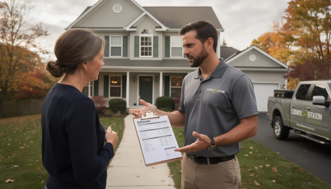 A professional junk removal expert is providing an estimate to a customer at a Hartford area property, discussing the removal of unwanted items and clutter, emphasizing their efficient and hassle-free services. The scene highlights the commitment to responsible disposal practices and the comprehensive junk removal services offered for both residential and commercial clients.