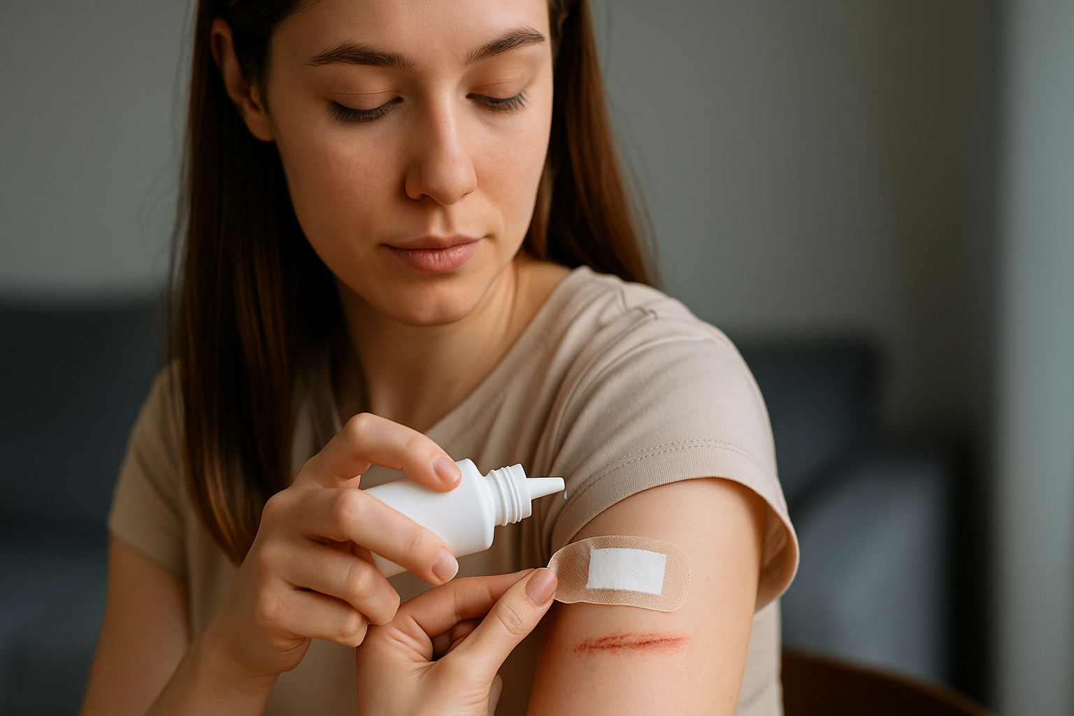 En ung kvinne behandler et sår på armen med væske og bandasje i rolige omgivelser for trygg etterbehandling hjemme.