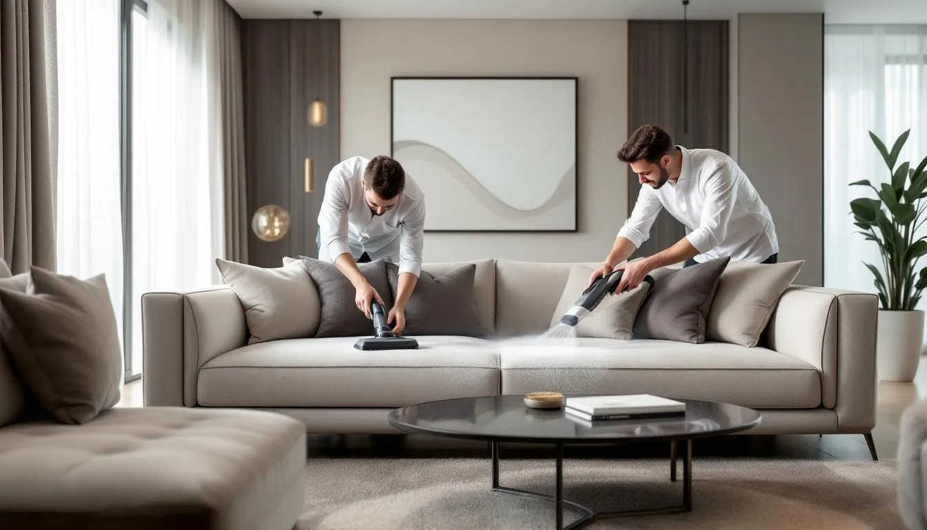 Different sofa cleaning methods used in Abu Dhabi, emphasizing steam and dry cleaning techniques.