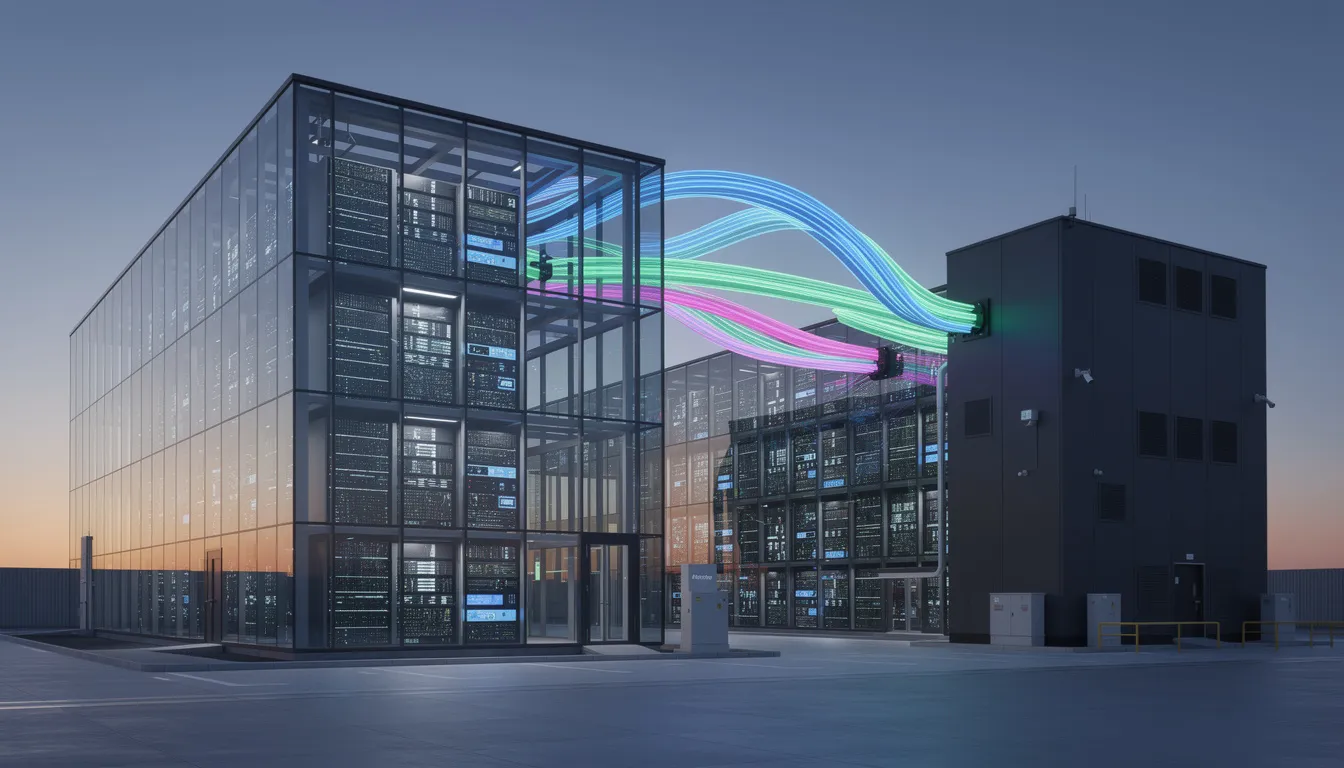 L'image montre deux centres de données modernes interconnectés, dotés de câbles en fibre optique. Ces infrastructures sont essentielles pour assurer la continuité des activités et la reprise d'activité après un incident, en garantissant une haute disponibilité des systèmes informatiques.