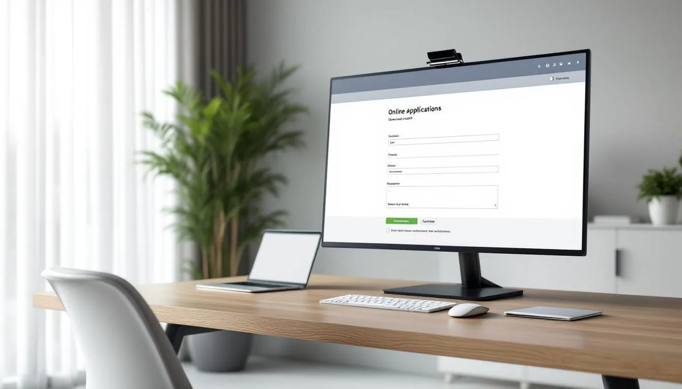 Das Bild zeigt ein modernes Büro mit einem Computer, der für Online-Anträge und digitale Verwaltung genutzt wird. Diese Umgebung ist ideal für die Anmeldung zur Eheschließung und bietet Informationen über die Standesämter in Heidelberg, darunter auch das Standesamt Heidelberg, wo Trauungen und Lebenspartnerschaften organisiert werden.