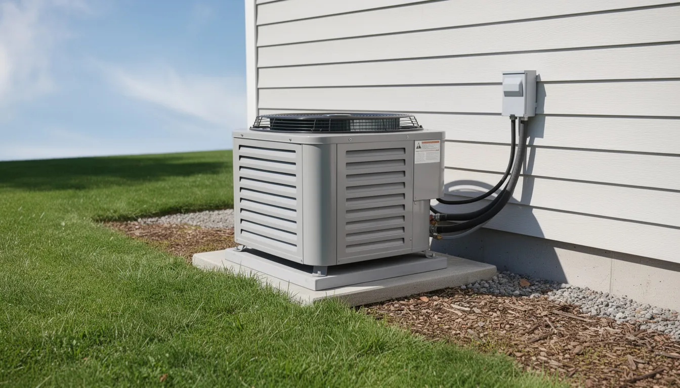 A modern outdoor HVAC condenser unit is installed beside a residential home, surrounded by a lush green lawn. This cooling equipment is part of an energy-efficient air conditioning system designed for effective heating and cooling.