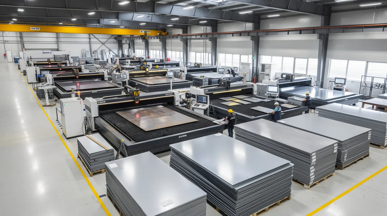The image depicts a wide view of an industrial sheet metal fabrication facility in Kansas City, showcasing advanced laser cutting machines alongside neatly stacked metal panels. This busy shop is equipped with various tools and materials, emphasizing their commitment to providing unparalleled service and solutions for commercial projects.