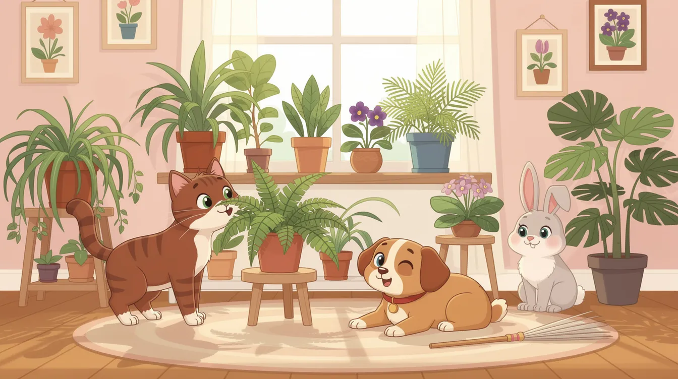 A collection of non-toxic plants displayed in a home setting, safe for pets.