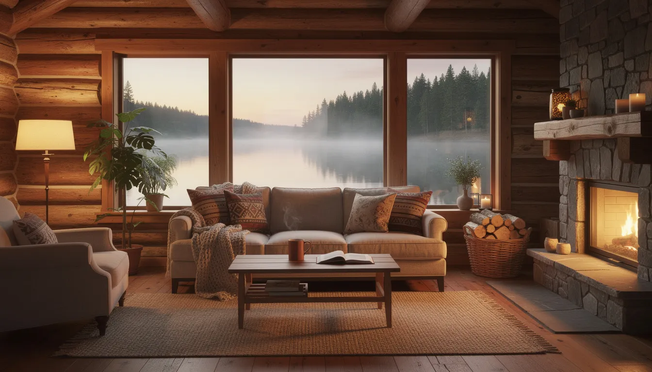 The image depicts a cozy cabin living room with large windows that provide a stunning view of a serene lake. The inviting interior features warm wooden accents and comfortable seating, creating a perfect atmosphere for enjoying cleaner air and improving indoor air quality while surrounded by nature.